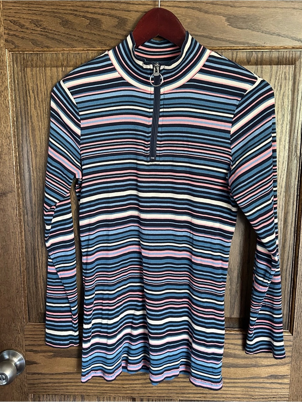Christopher & Banks Navy, Light Blue & Pink Striped Ribbed Quarter-Zip Top